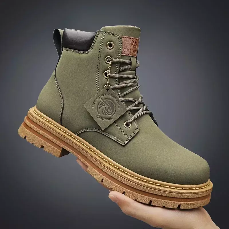 High Top Men Boots Fashion Motorcycle Ankle Boots for Men New Green Male Military Boot Winter Lace-Up Men's Shoes Botas Hombre