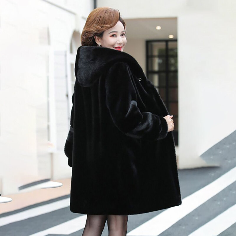 Middle-aged And Elderly Fur Coat Women's Long Hooded High-End Fashion Motherwater Mink Fur Mink Loose Warm Coat Female Tide 5XL