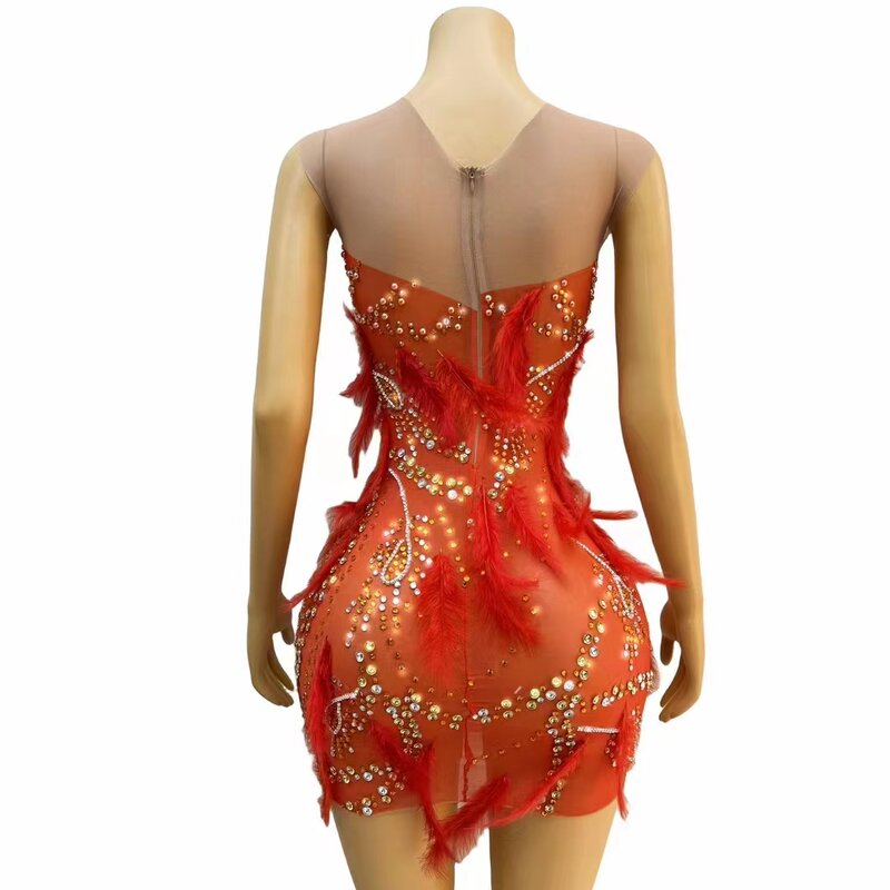 Dresses Feathers Slim Fit Sexy Performance Costumes Crystal Rhinestones Blin Nightclubs Bars Parties Bars Dance Woman Costumes