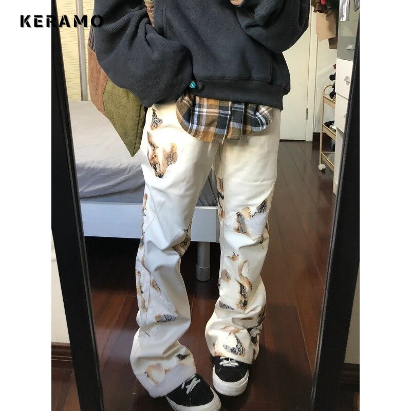 Jeans Harajuku rasgado casual feminino, cintura alta, calça estampada solta, perna larga, calça jeans folgada punk, vintage, verão, Y2K, 2024
