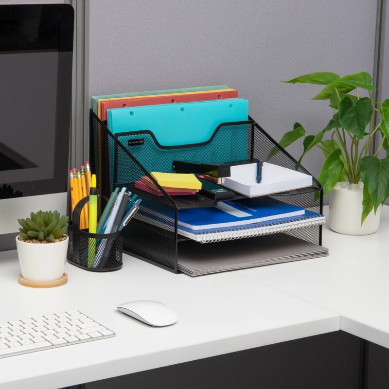Desktop Organizer, File Holder, Paper Trays, Metal, 12.5"L x 11.5"W x 9.5"H, Black