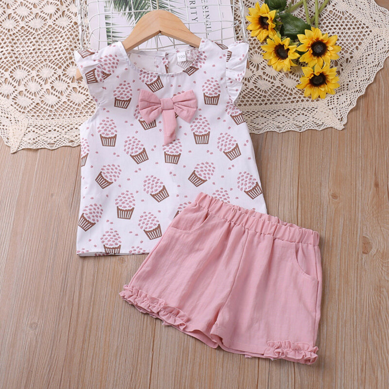 1 2 3 4 5 6 Years Girls Clothing Set Sleeveless Summer Ice Cream Bow Top T-shirt+Pants 2Pcs Suit Toddler Children's Clothes