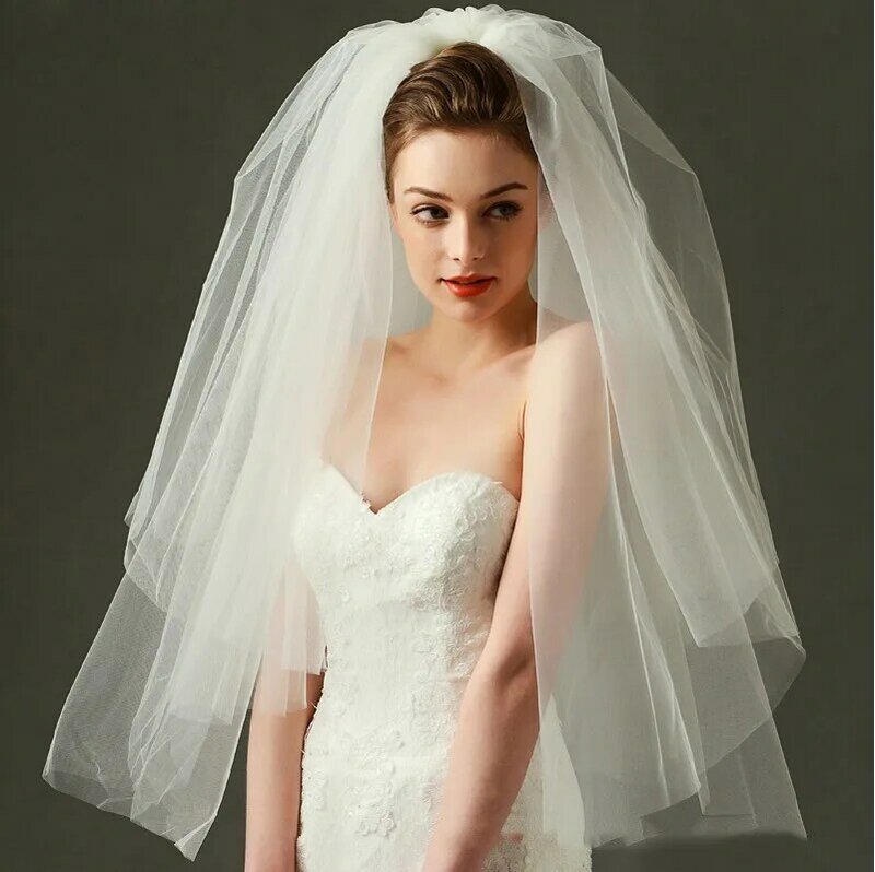 Aksesori rambut pengantin pernikahan sederhana Tulle putih gading Multi lapisan kerudung pengantin tepi pita aksesori pengantin 70cm kerudung wanita