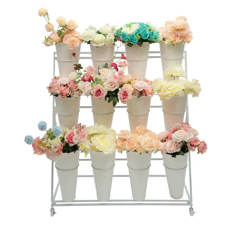 Flower Display Stand - 12 x Buckets White Tapered Bucket / 3 Layers White Metal Plant Stand with Wheels