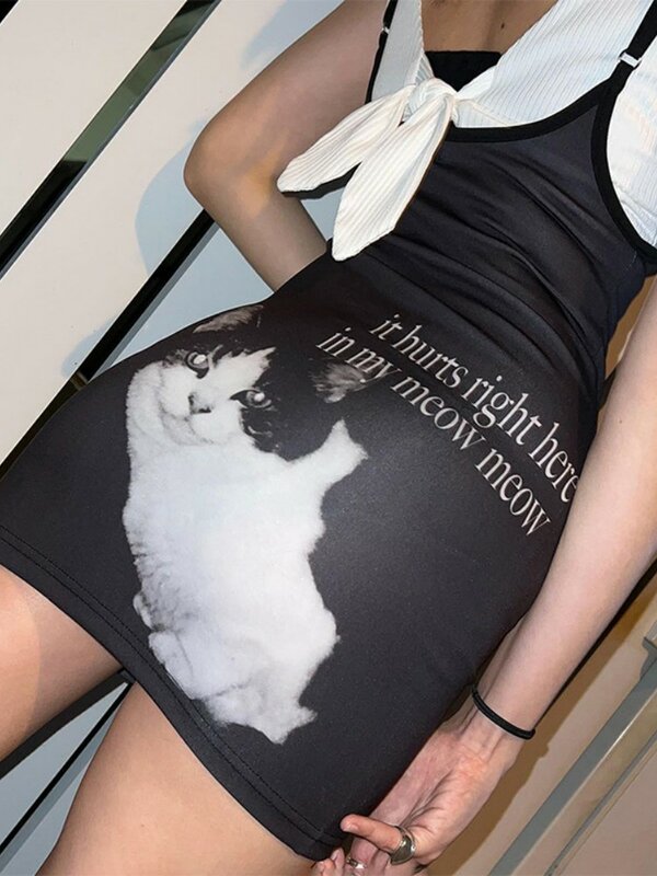 FibBlack-Robe à imprimé chaton pour femmes, mini vêtements, vêtements d'été maigres, streetwear sexy, mode, Y2k