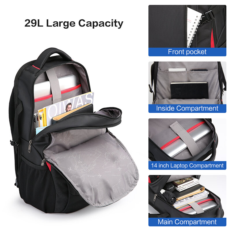 OIWAS-Mochilas impermeáveis para laptop de nylon, mochila casual para adolescentes, mochila de viagem masculina, mochila escolar, 14 polegadas, 29L