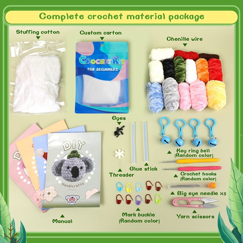 Crochet Kit DIY Cute Animals Crochet Kit With Knitting Yarn Needles Plush Doll Easy(Birdie, Rabbit, Koala, Chick)