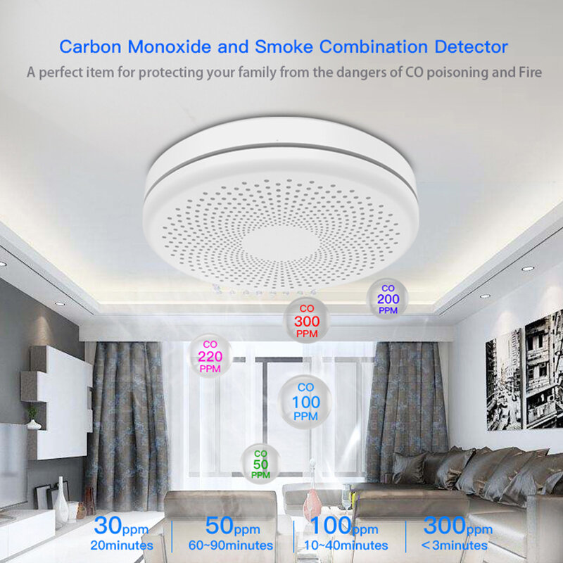CPVAN Tuya Smoke Detector wifi CO Sensor 2 in 1 Smart Life Wireless Carbon Monoxide Gas Fire Alarm for Home Security Protection