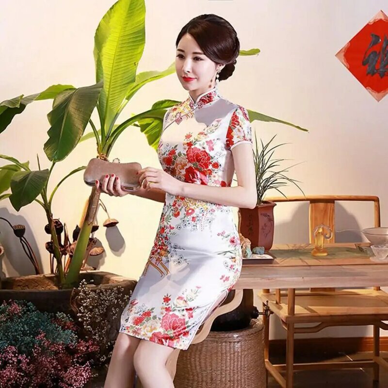Cheongsam Moulant à Manches Courtes pour Femme, Imprimé Floral Noble, Style Chinois, Qipao, Serré à la Taille, Magnifique, Été