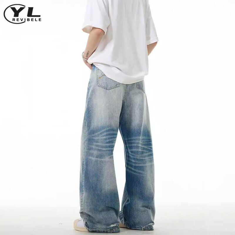Retro Gewassen Knoop Ontwerp Jeans Mannen Vrouwen Amerikaanse High Street Baggy Wijde Pijpen Broek Mode Harajuku Rechte Denim Broek