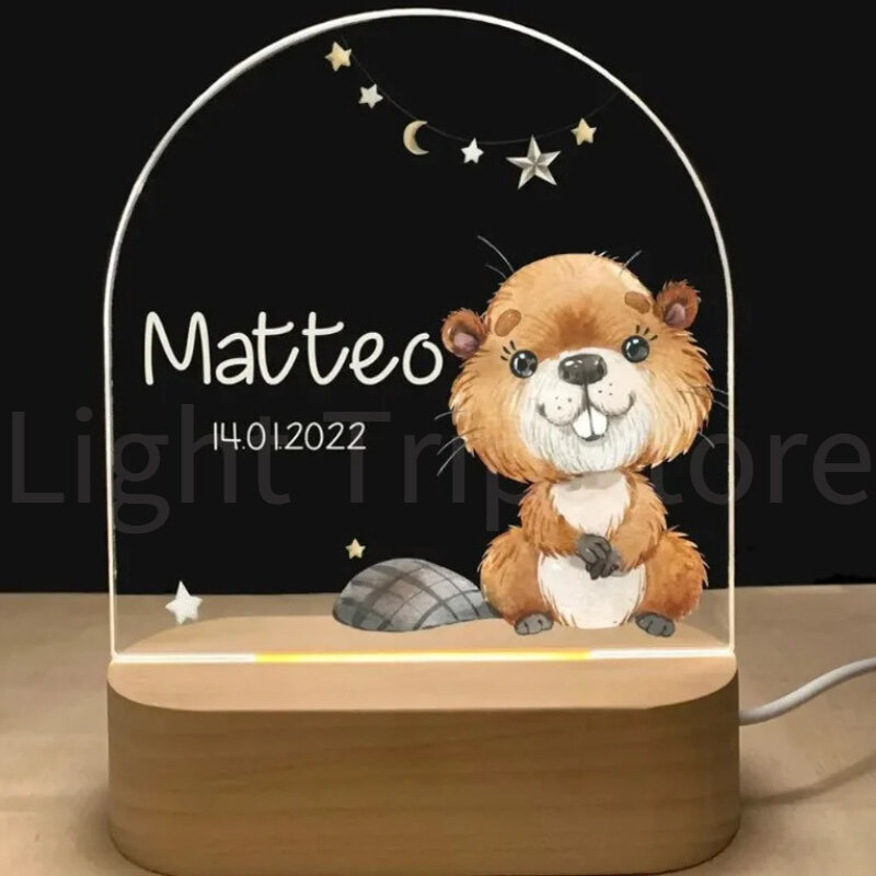 Персонализированная детская Ночная лампа в виде животного, слона, льва с USB, настольная лампа с деревянной основой для спальни, Радужный Декор