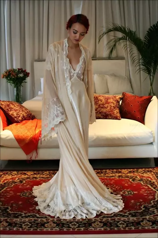 Chiffon Kanten Bruidsjurk Lingerie V-Hals Bruiloft Zijde Satijn Bruids Nachtkleding Twee Stukken Witte Prom Party Kimono Pyjama