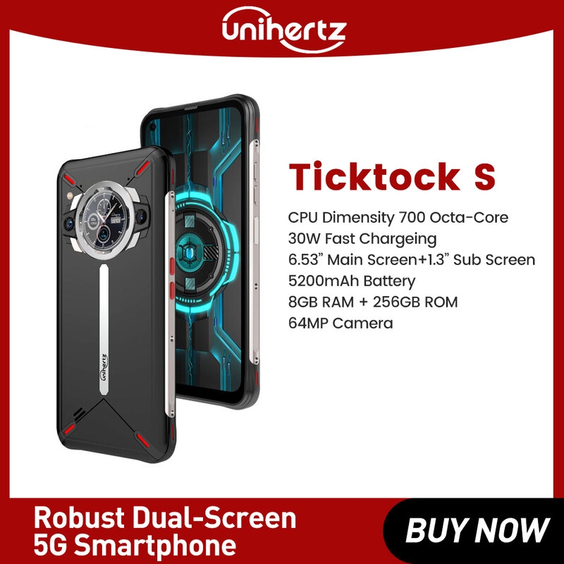 Unihertz Ticktock S 5G Telefone inteligente Rugged 8GB 256GB Celular 5200mAh Telefone celular 64MP Câmera 30W Dimensity 700
