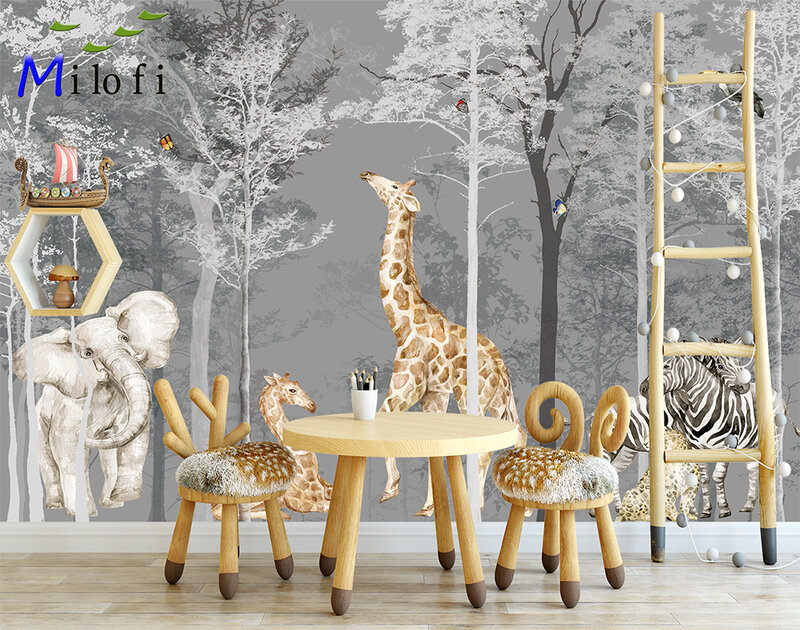 Milofi professional 3D large wallpaper mural hand-painted Nordic forest small animal illustration children background wall
