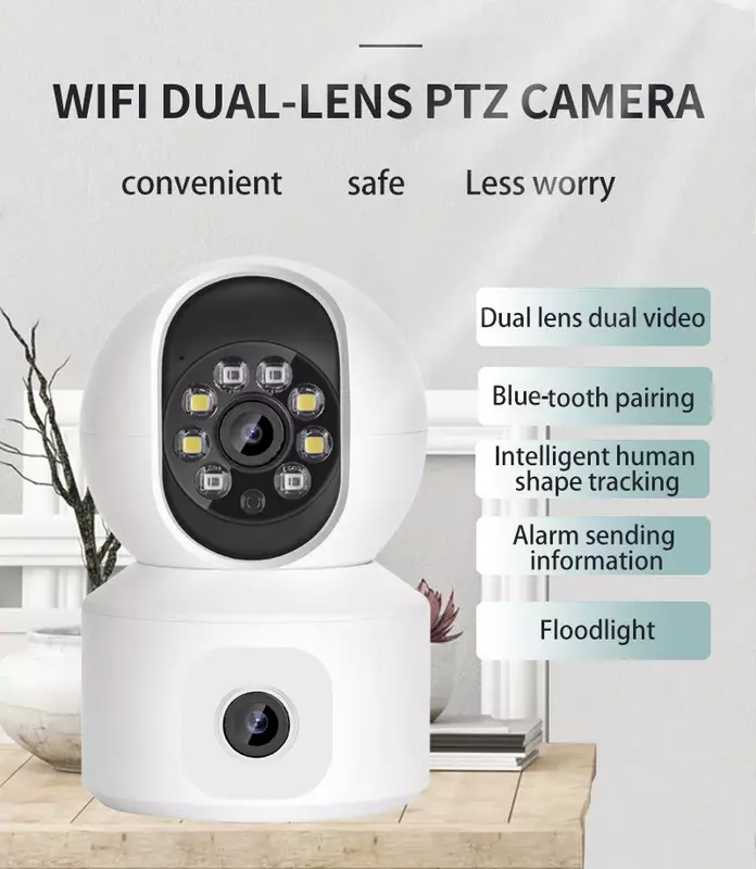 듀얼 렌즈 PTZ WIFI 카메라, 야외 자동 추적 홈 보안, 풀 컬러 적외선 야간 투시경, 원격 모니터링, 2X2MP