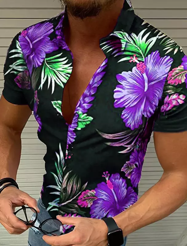 Camisa de botão floral masculina, Street 3D Print, havaiana, tamanho positivo, praia, respirável, manga curta, verão