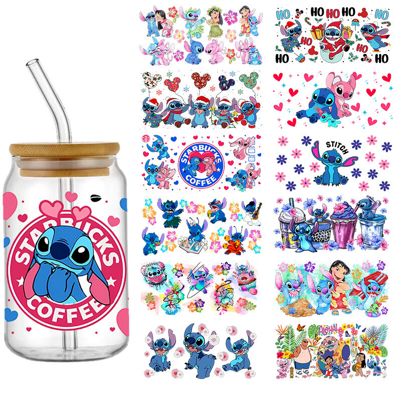 Disney Stitch 16oz DTF Sticker Cups Cool personalizza UV Wrap Transfer Sticker etichette personalizzate Logo fai da te autoadesivo impermeabile