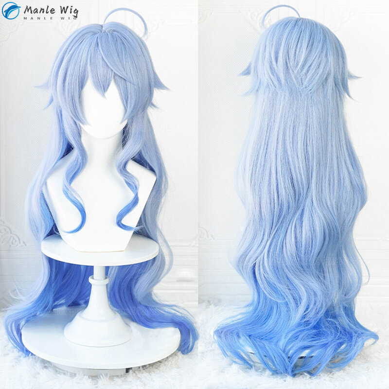 Ganyu-Peluca de Cosplay Genshin, Pelo Rizado degradado azul, resistente al calor, Anime, gorro de peluca, 90cm