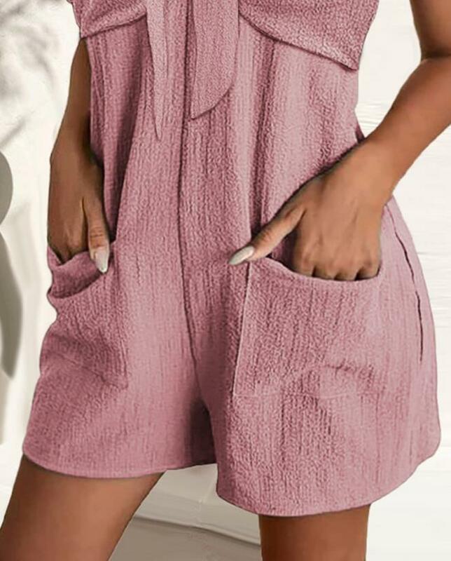 Bodysuit Streetwear wanita, jumpsuit kasual bersimpul satu potong musim panas mode warna Solid tali rantai desain saku