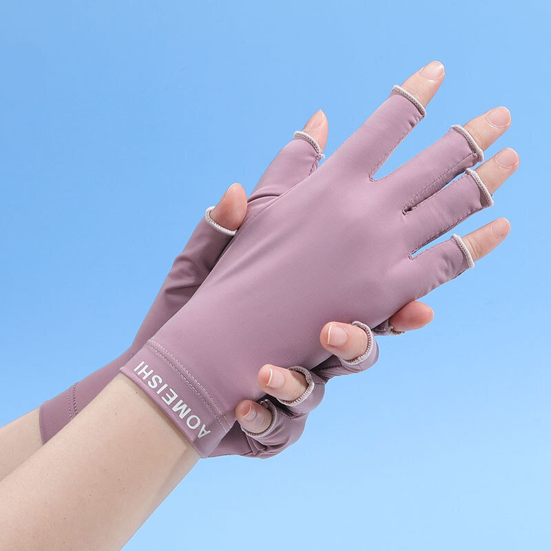 Guantes finos de seda de hielo para mujer, protección UV de medio dedo sin dedos, protector solar, guantes femeninos para uñas, conducción