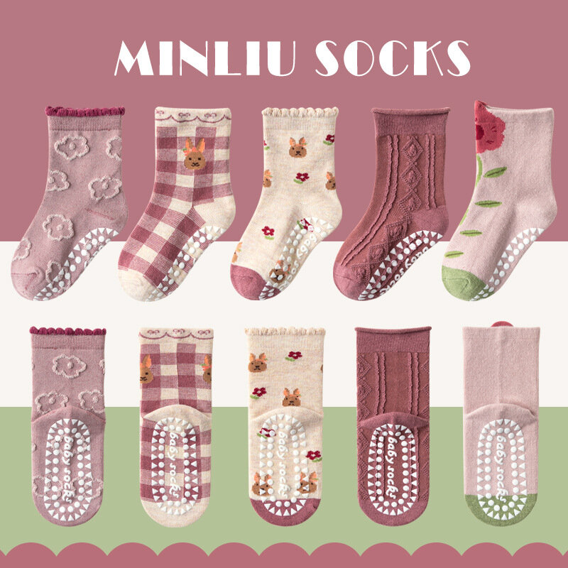 Calze per bambini adesive antiscivolo calzini per bambini Cartoon Pink Girls Cotton Socks in calze sensibili al tubo nuovo autunno e inverno