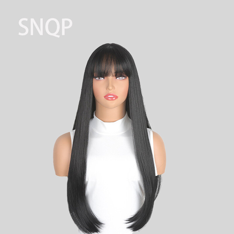Snqp-女性用の黒のストレートヘアウィッグ,70cm,エレガント,日常着,コスプレ,パーティー,耐熱性,高温繊維,新品