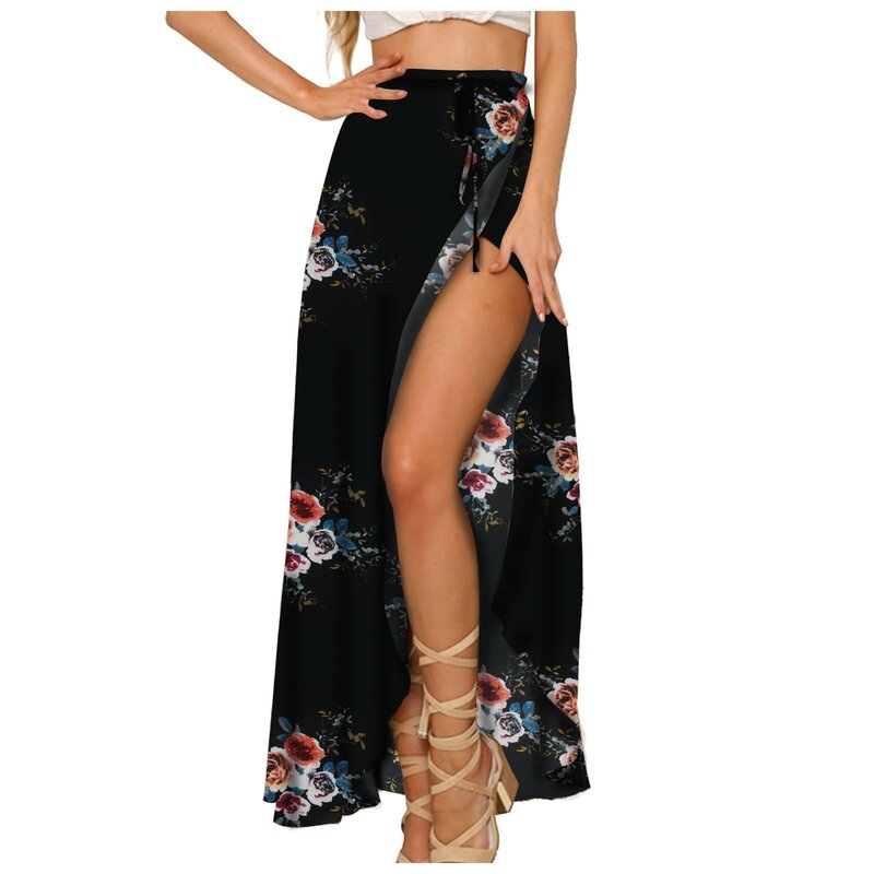 Spódnice damskie z wysokim rozcięciem Letnie artystyczne sznurowane długie spódnice z kwiatowym nadrukiem Kobieca luźna spódnica Boho Spódnice plażowe dla kobiet