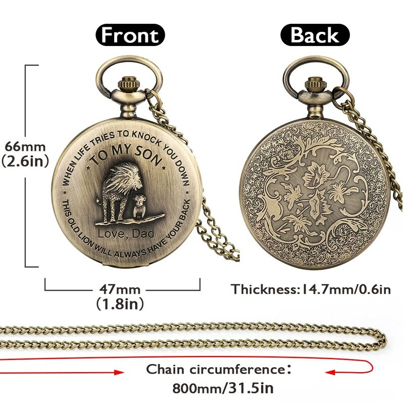 Reloj de bolsillo de cuarzo personalizado, diseño de León de bronce a mi hijo, amor de papá, collar de cadena colgante, el mejor regalo para niños