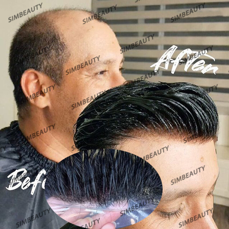 0.08mm Vlooped PU Base Men Toupee 100% Human Hair Natural Hairline Undetectable Miscroskin Man Wigs Toupee Hair Prosthesis Units