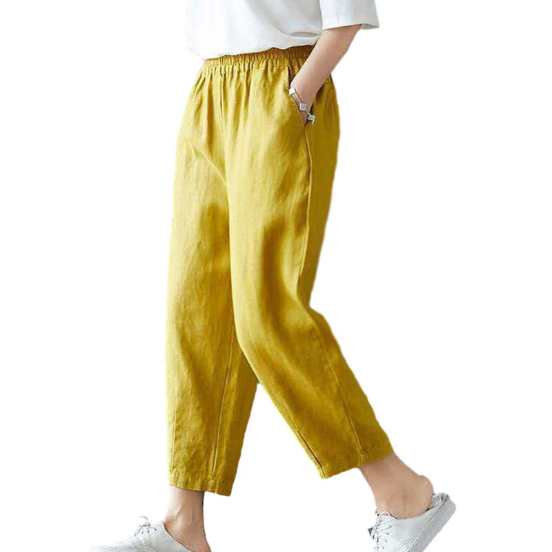 Pantalon en lin et coton à taille élastique pour femme, confortable