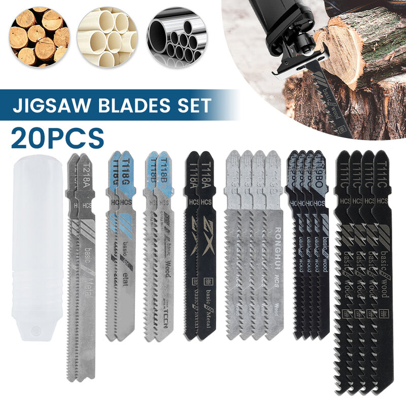 20 Pieces Jigsaw Blades Set T-Shaft HCS Assorted Jig Saw Blades for Wood Plastic and Metal Cutting Incl. Plastic Box forBlack &