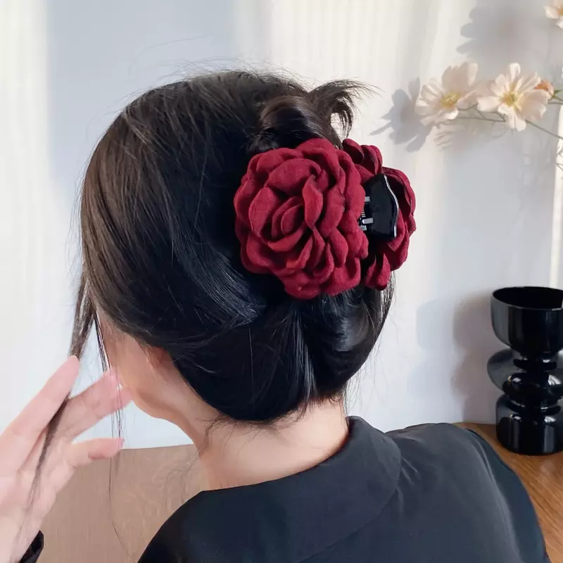 YHJ Three-dimensional Rose Flower Hair Claw Handmade Fabric Flowers Grab Hair Clip Sweet Shark Clip Hair Accessories for Women