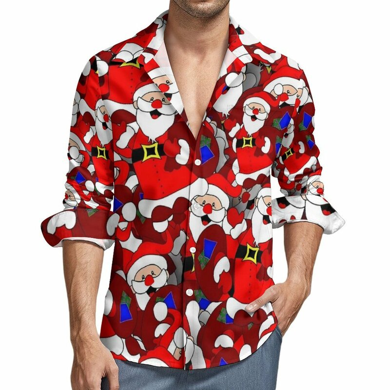 Koszula świąteczna Jesień Święty Mikołaj Casualowe koszule Mężczyźni Fajna bluzka z długim rękawem Niestandardowe ubrania w stylu Harajuku Plus Size