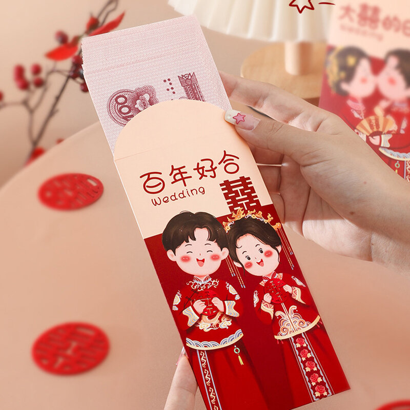 6 szt. Tradycyjna chińskie wesele torba na szczęśliwe pieniądze kreatywna małe czerwone koperta z błogosławieństwem czerwona koperta błogosławieństwo dla nowożeńców