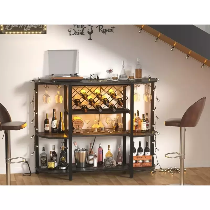 Meja Bar lantai berdiri bebas untuk minuman keras dengan tempat kaca dan rak penyimpanan anggur, rak pemanggang anggur untuk ruang makan dapur,