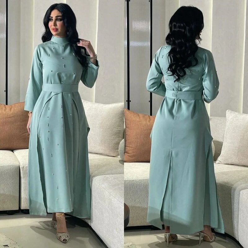 Robe de Bal de Forme Trapèze pour Femme, Vêtement Mi-Longue, avec Perles, Col Haut, sur Mesure, Arabie Saoudite