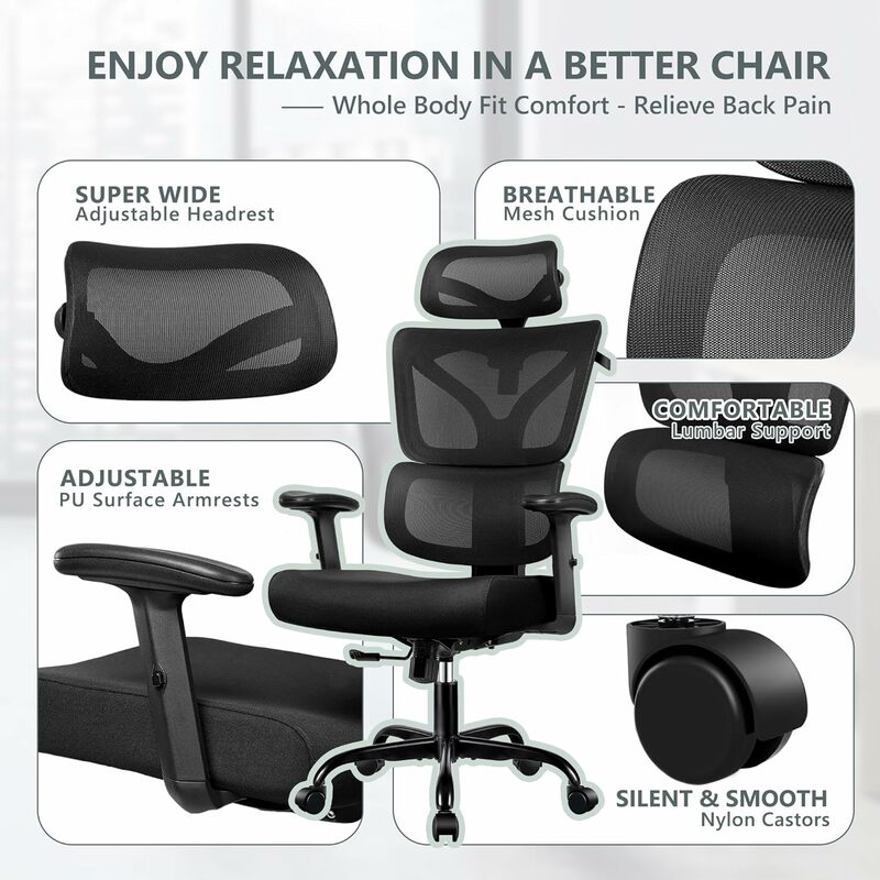 사무실 의자, 놀이 의자, 편안한 홈 오피스 의자, 허리 지지대 통기성 메쉬 컴퓨터 의자, 조절 가능한 팔걸이 (검정색)