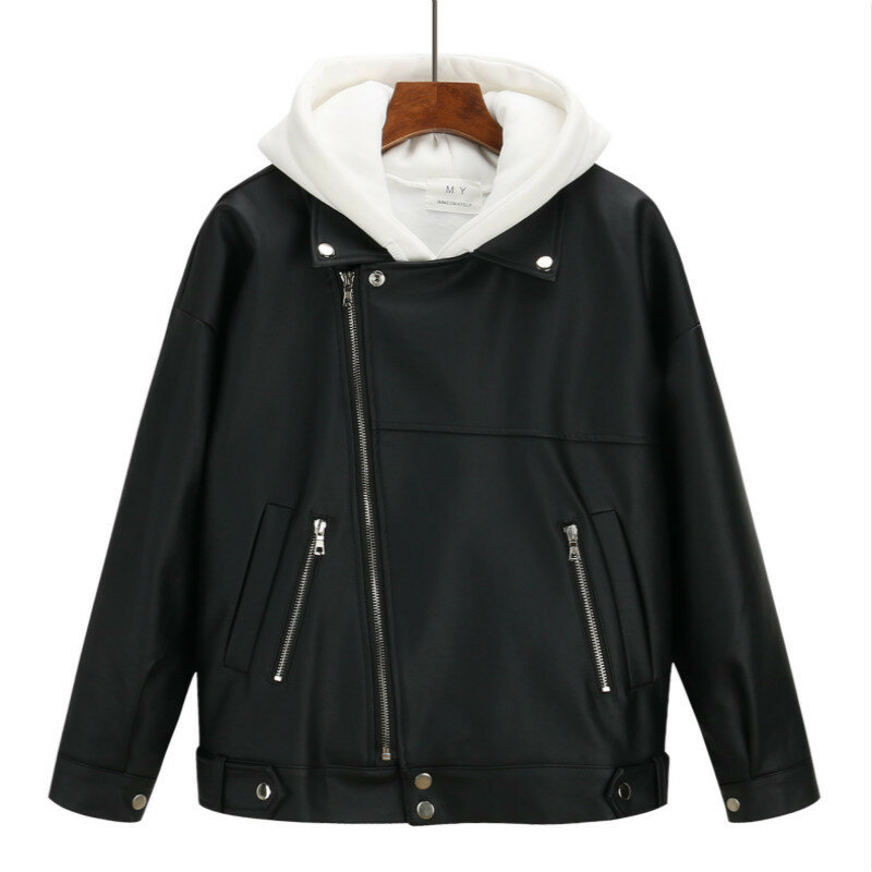 여성용 인조 가죽 재킷, PU 코트, 블랙 단색, 한국 패션, 캐주얼 지퍼 코트, 턴다운 칼라 아우터, 가을 겨울