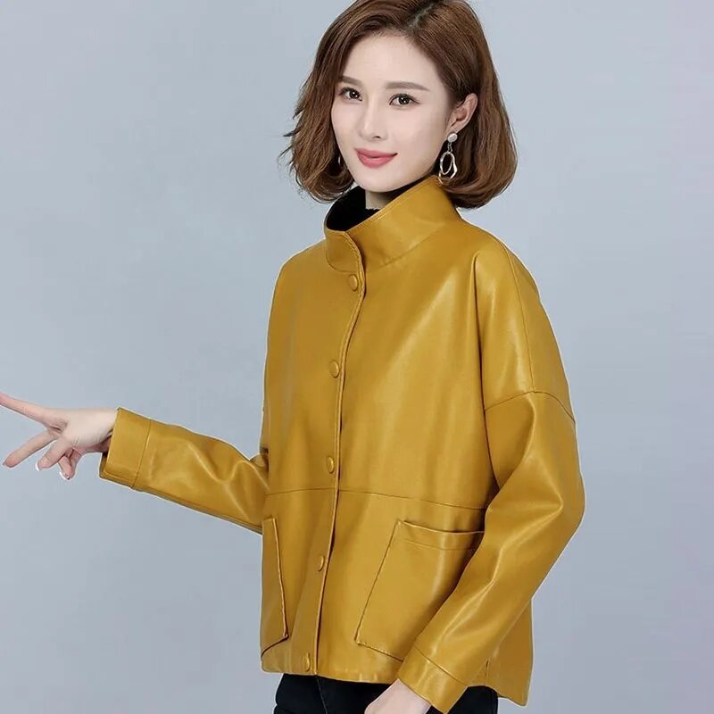 Jaket kulit PU wanita 2024, mantel kulit PU wanita kasual warna hitam kuning, longgar ukuran besar 4XL, musim semi, musim gugur, baru
