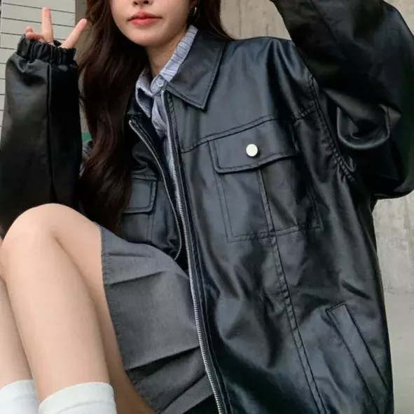 Vintage czarna skórzana kurtka kobiety Moto Biker kurtki z suwakiem Oversize gotycki styl płaszcze motocyklowe koreański Streetwear