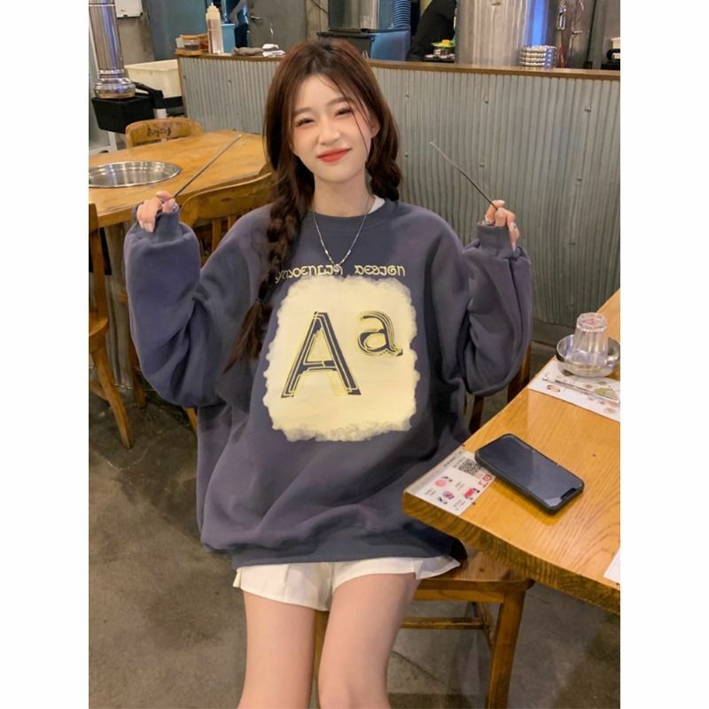 South Korean Autumn And Winter Hoodie Elegant, Age-Reducing Round Neck Casual Loose All-Match Letter Printed Plus Velvet