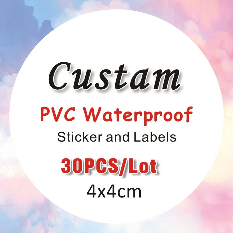 Impermeável PVC Adesivos com Logotipo Personalizado, Caixa de Presente, Design Personalizado Tamanho, Casamento, Aniversário, 50PCs, 4x4cm