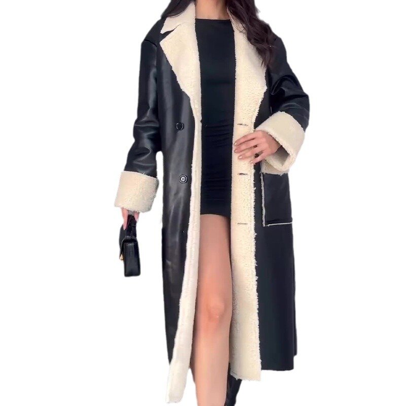 Winter New European and American Fashion Fur Integrated Long Knee Length Punk Style Leather Jacket