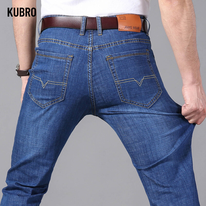 KUBRO-pantalones vaqueros finos de verano para hombre, Vaqueros rectos azules, holgados, informales, de trabajo, de pierna ancha, de alta elasticidad, de negocios