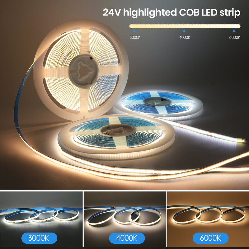 Tira de luces LED COB de 5mm, 12V, 24V, luz LED COB suave y Flexible, 384LED, Luz lineal de alta densidad, barra de luz LED RA90, 5M para decoración de dormitorio