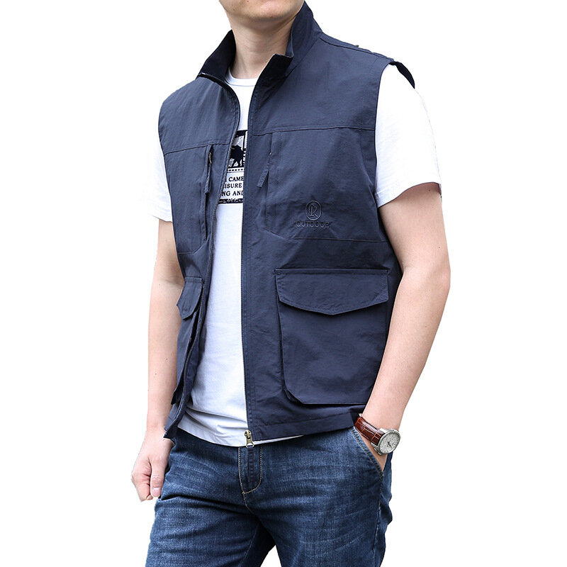 MaiDangDi-Chaleco de nailon con cuello abatible para hombre, camisola sin mangas, estilo de trabajo, chaqueta deportiva de ocio, ropa masculina con bolsillo grande