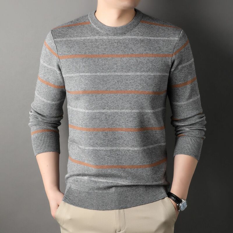 2023 New Autumn Winter Men's Casual Round Neck Long Sleeve Pullover Sweater Striped Woolen Top Middle-Aged and Young Adults