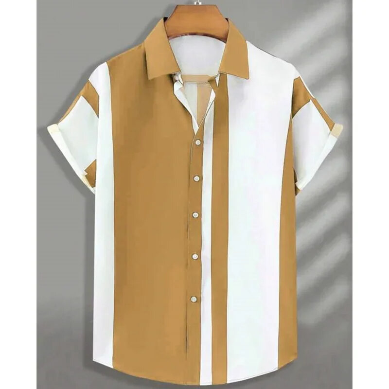 メンズシンプルストライプ3Dプリントシャツ、カジュアルでファッショナブルな半袖シャツ、ボタンアップラペル、ストリートウェア、プラスサイズのトップス