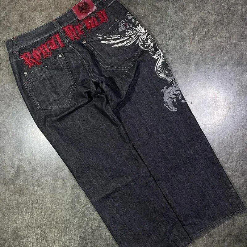 Y2K celana Jeans Vintage Harajuku Hip Hop, celana jins longgar bordir grafis warna hitam Gotik pinggang tinggi untuk pria dan wanita