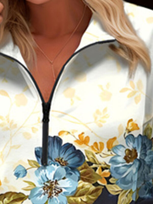 Top de pescoço simulado estampado floral feminino, blusa casual plus size, plus size, meio zíper, manga longa